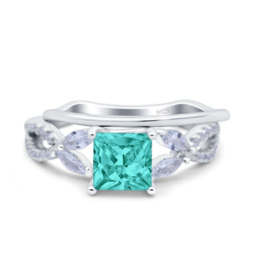 Two Piece Art Deco Princess Cut Wedding Bridal Ring Simulated Paraiba Tourmaline CZ 925 Sterling Silver